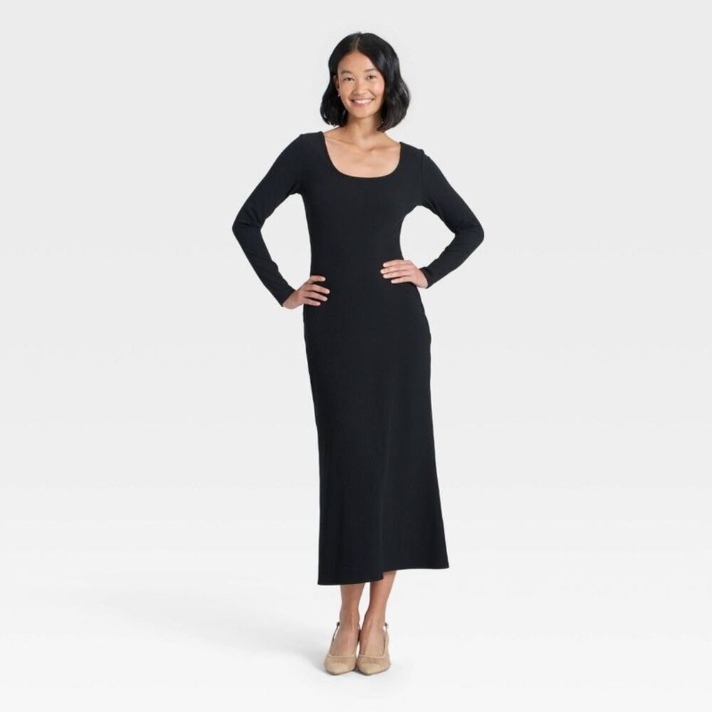 Women's Long Sleeve Rib-Knit Maxi Dress - A New Day Black M